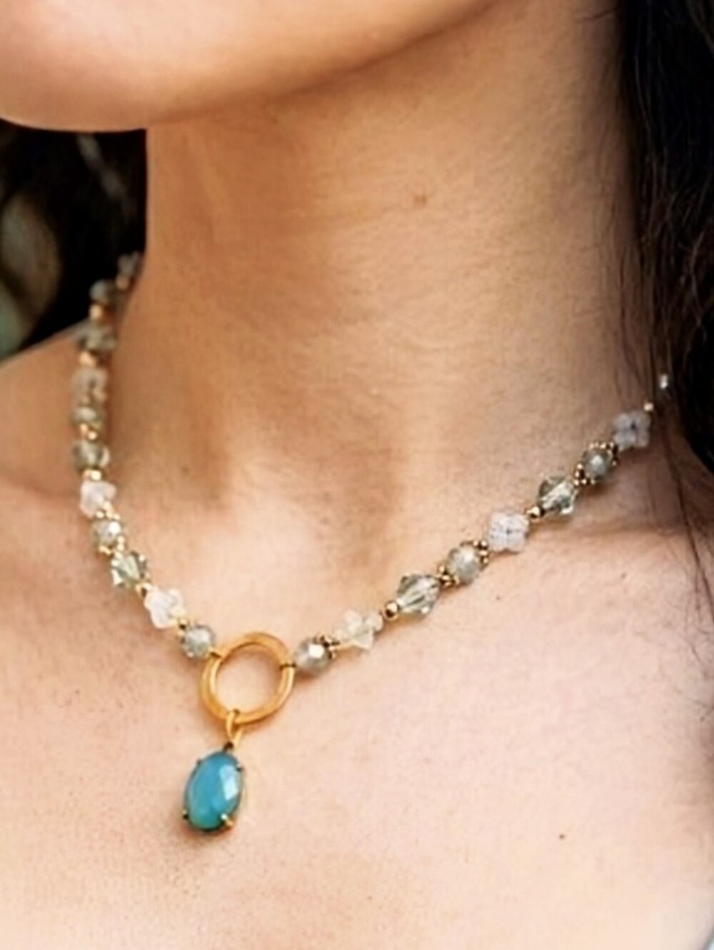 Victorian Delicate & Dainty Eucalyptus Green Opal Swarovski & Glass GP Necklace
